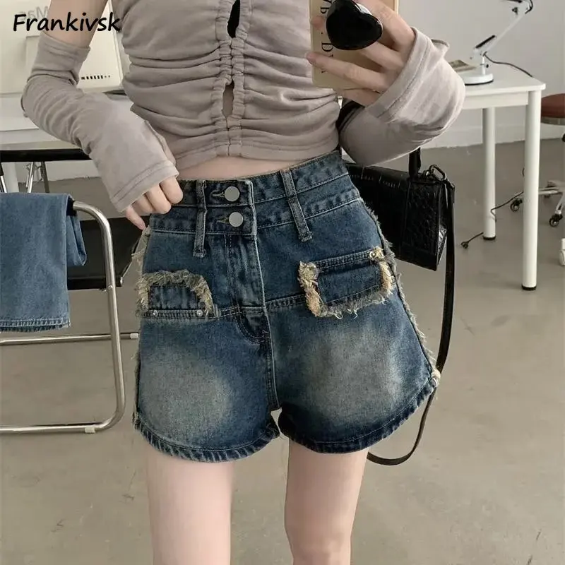 

Women Shorts High Waist American Retro Raw Edge Mini Trousers Washed Stylish Versatile Streetwear Sexy Daily Denim Fit Summer