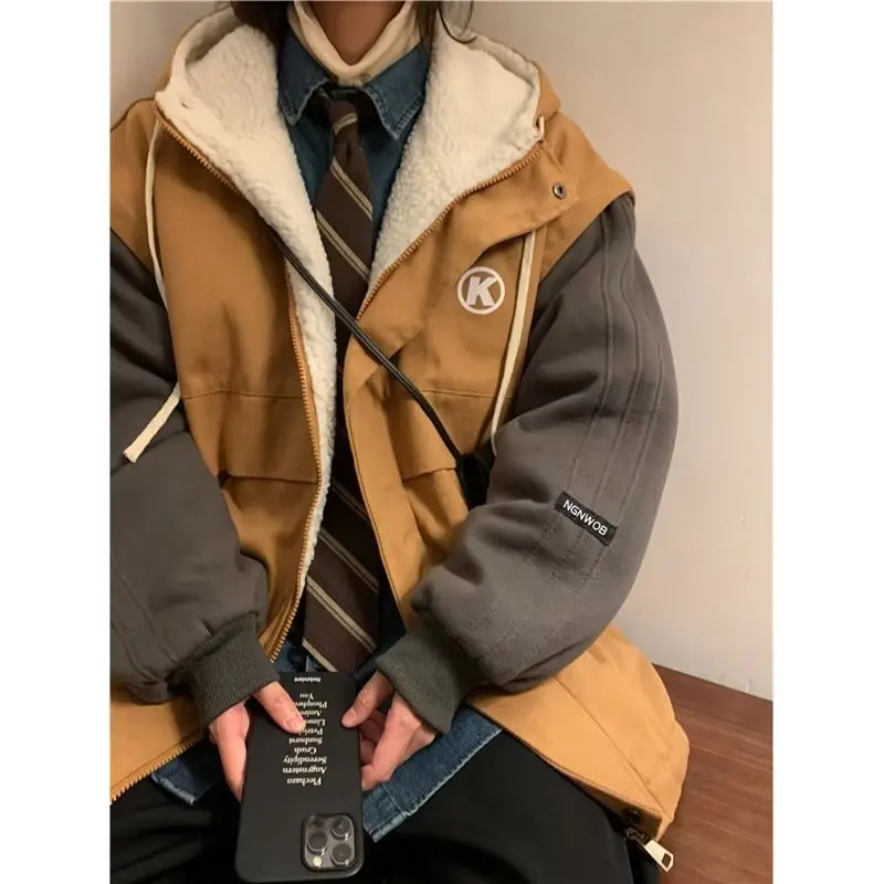 Fake Two piece Cotton Coat Women's Winter 2025 New Thick Cotton Coat Trendy Lamb Wool Cotton Coat