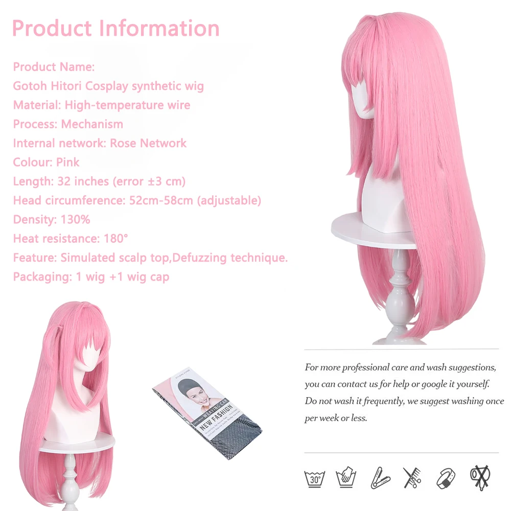 أنيمي Gotoh Hitori تأثيري الشعر الاصطناعية 32 بوصة الوردي طويل مستقيم الشعر مرحلة الأداء اليومي حفلة عالية الجودة شعر مستعار للمرأة
