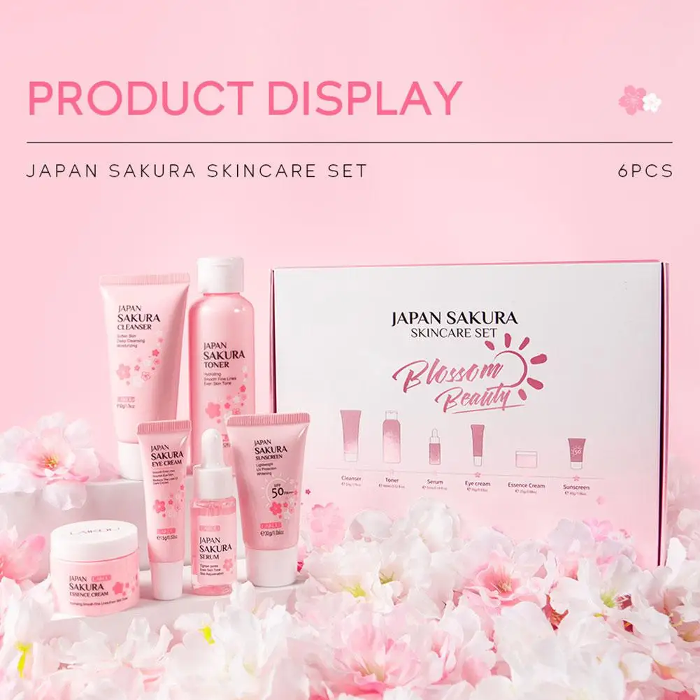 Sakura-Ensembles de soins de la peau, crème pour le visage, sérum, toner, nettoyant pour le visage, crème solaire pour les yeux, ensemble de produits de soins de la peau, coffret cadeau, 6 pièces par ensemble