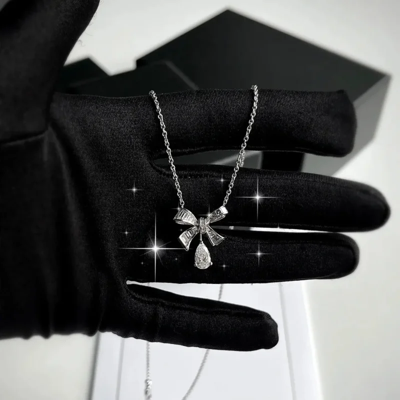 

Модное классическое роскошное колье-капля из стерлингового серебра 925 пробы с бантом и подвеской со стразами, праздничный подарок, ювелирное украшение