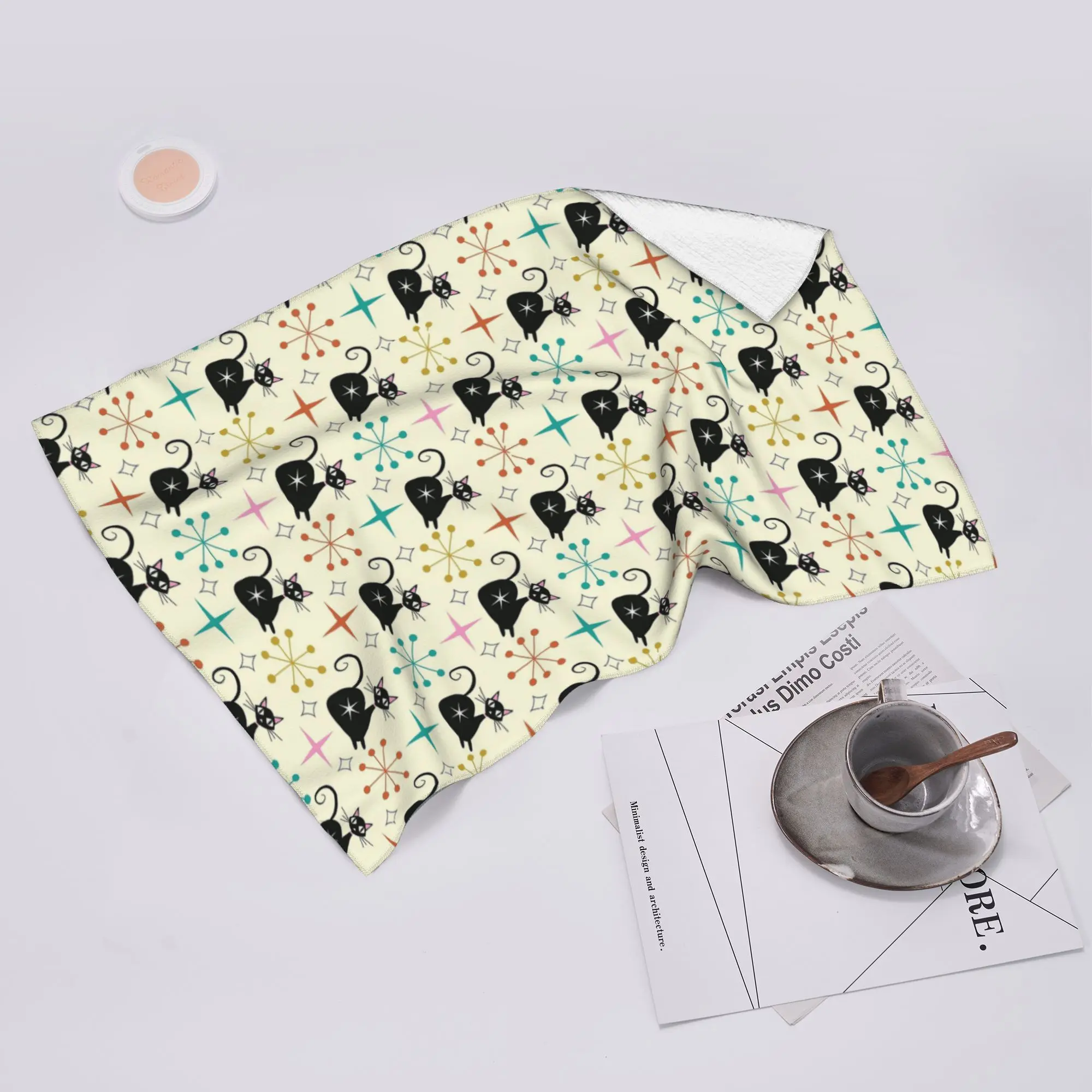 Custom Mid Century Black Atomic Cat with Starbursts Soft Face Towel Quick Dry Pool Bath Cotton Towels Absorbent
