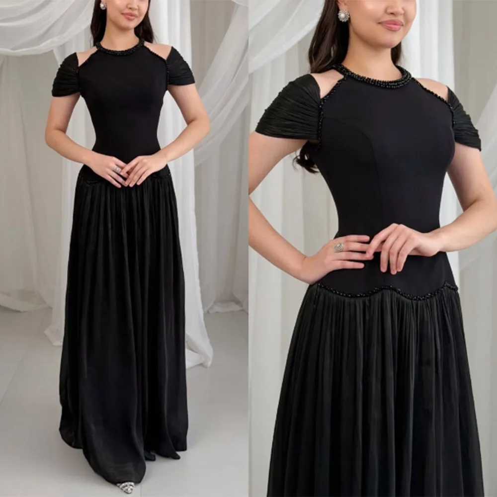 Customized Floor Length Black Short Sleeves Formal Evening Dresses Luxury Платье Корейский Стиль Vestidos De Fiesta Para Bodas