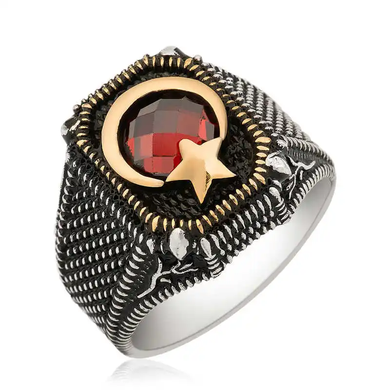 Silver Moon Star Men's Ring - 925 Sterling Men's Jewelry Wedding Birthday Gift - Box - - Men - Fashion - Botiva - Size - Turkish - Patterned Embroidery