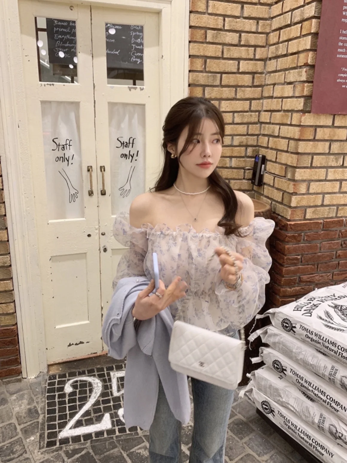 Bloemen verfraaid chiffon irt dames verzamelde oulderband taille-klinkend jong ogende semi-transparante Bubble Sve top