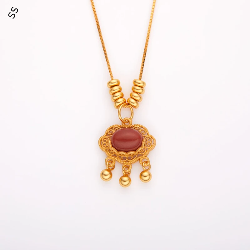 

Natural South Red Agate Necklace S925 Ethnic Style Ancient Gold Jade Pendant Collarbone Accessories as Gift for Kids/Family