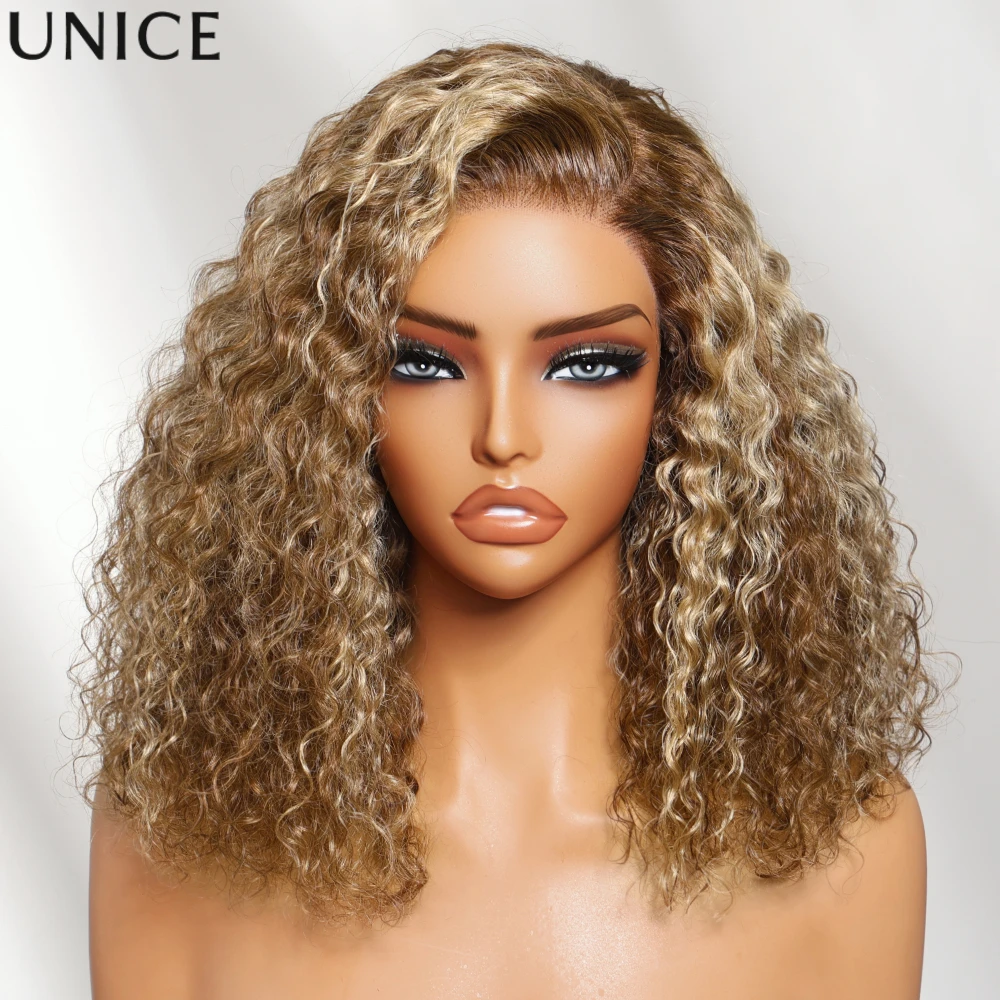 UNice 7x5 Bye-Bye Slip™ Lace Honey Blonde Highlights Voluminous Curly Bob Wig 180% Density Glueless Wig Human Hair Ready To Wear