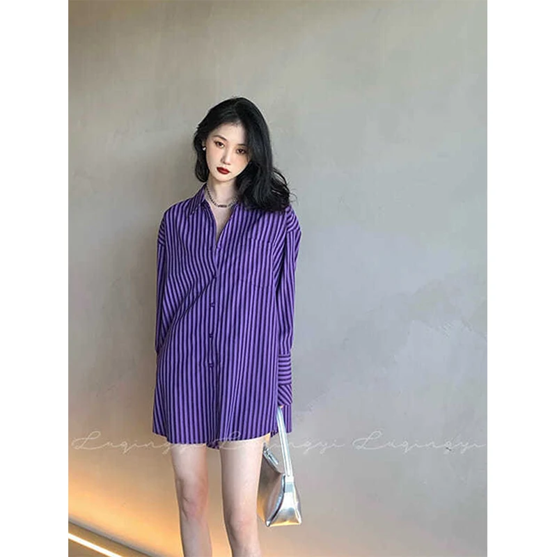 MEXZT Streetwear Striped Shirts Women Korean Oversized Long Sleeve Blouses Bf Office Lady Harajuku Vintage Casual All Match Tops