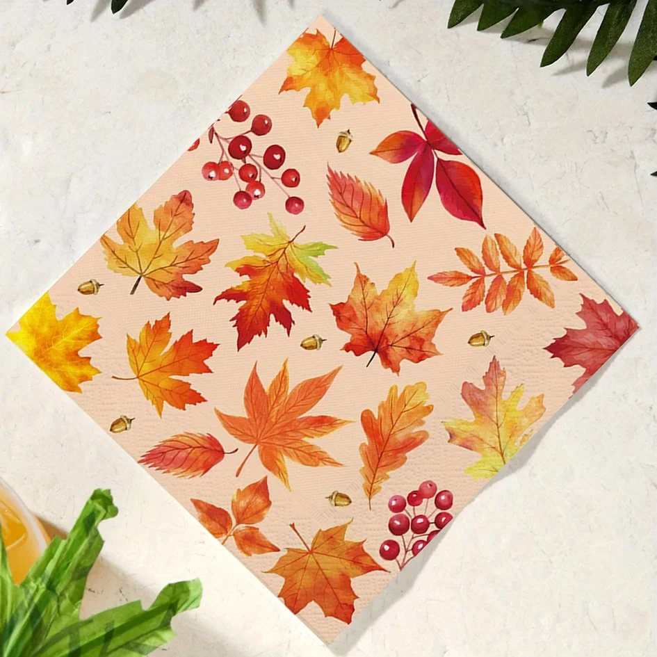 20 Stück/Beutel Herbst-Servietten mit Kürbis-Ahornblatt-Aufdruck, 16,5 cm, gefaltetes Papiermaterial, Design für Bankett-Einstellung, Thanksgiving-Dekoration, Geschenk