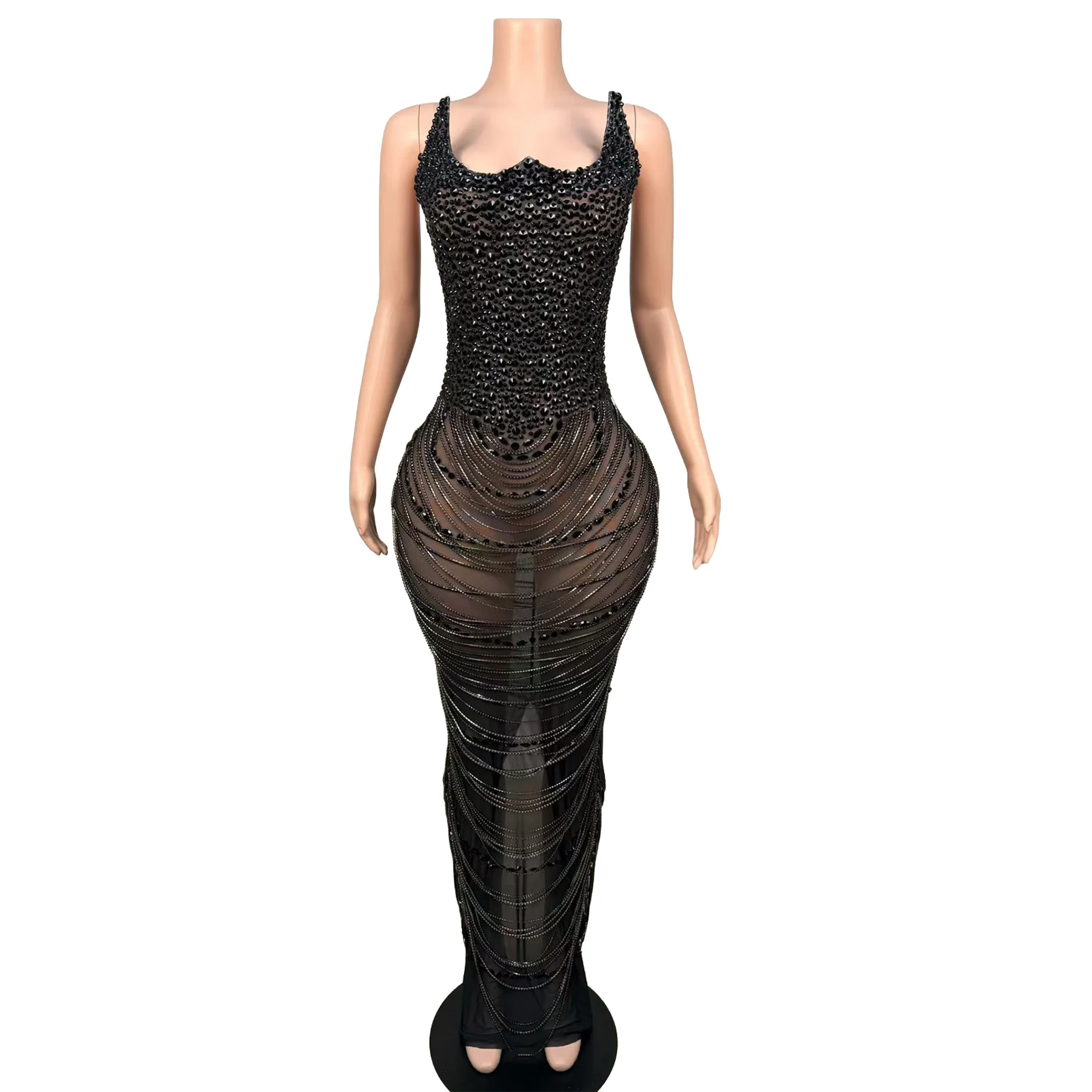 Huxianchangqun Black Mesh Mermaid Gown with Black Rhinestones and Beaded Chain Details for Evening Parties and Gala Events