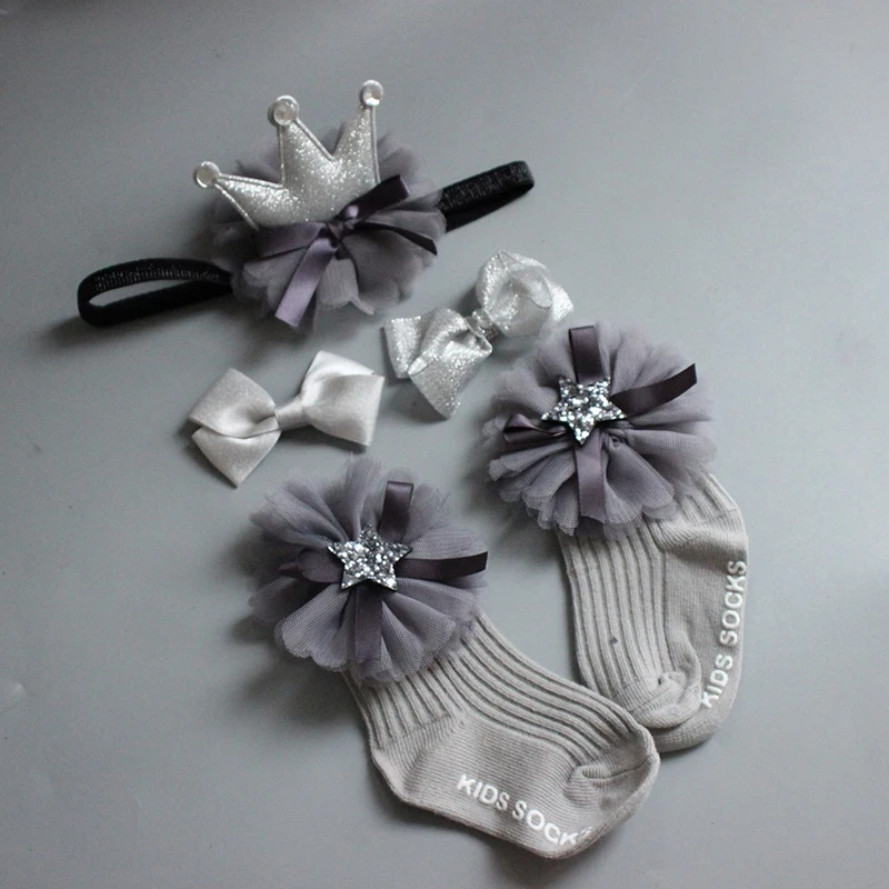 4Pcs/Set Infant Gift Box Lace Flower Bows Girl Headband Socks Sets Crown Stars Newborn Hair Pins Accessories Present Package