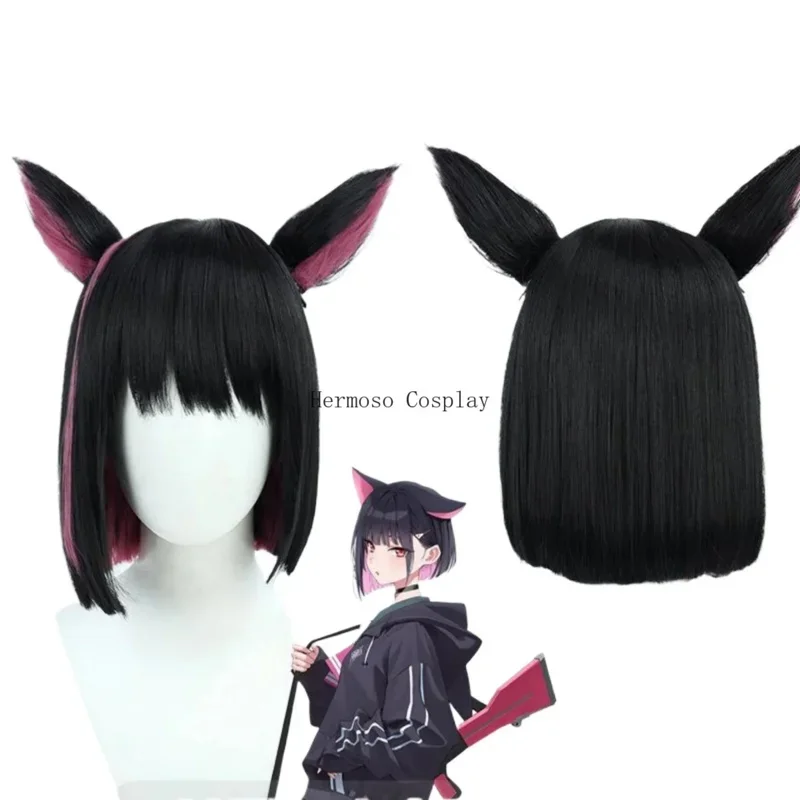 SN88 Blue Archive Kazusa Cosplay Wig Black Pink Straight BOBO Synthetic Hair Project MX Girls Game Headwear Cat Ears Set%#2@