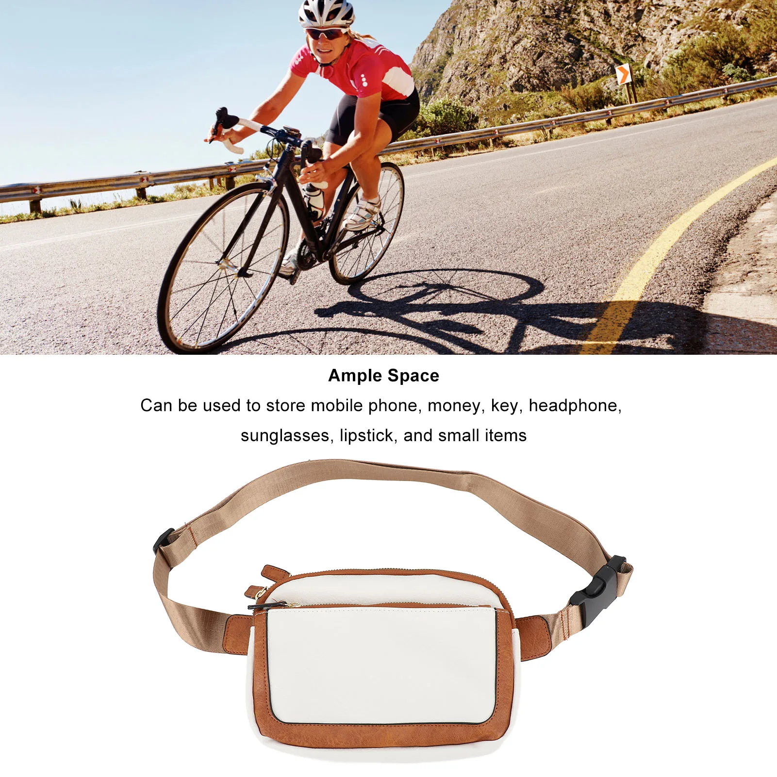 ZK30 Bicycle Bike Bags PU Waist Bag Waterproof Outdoor Sports Waist Pack Stylish Belt Bag for Men Women Brown Beige