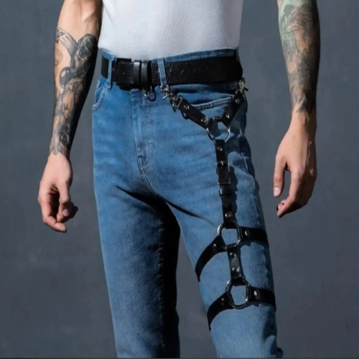 Adjustable Leather Thigh Leg Harness Belt Punk Rave Waist To Leg Harness Accessories Fetish Men Lingerie Festival Gay Clothes