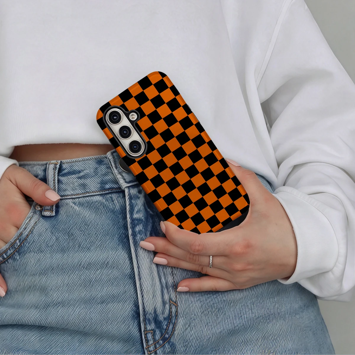 Orange Black Checkerboard Phone Case For Samsung Galaxy S26 S25 Ultra S24 S23 Plus Hard Shock‑Absorption 2-in-1Protective Cover