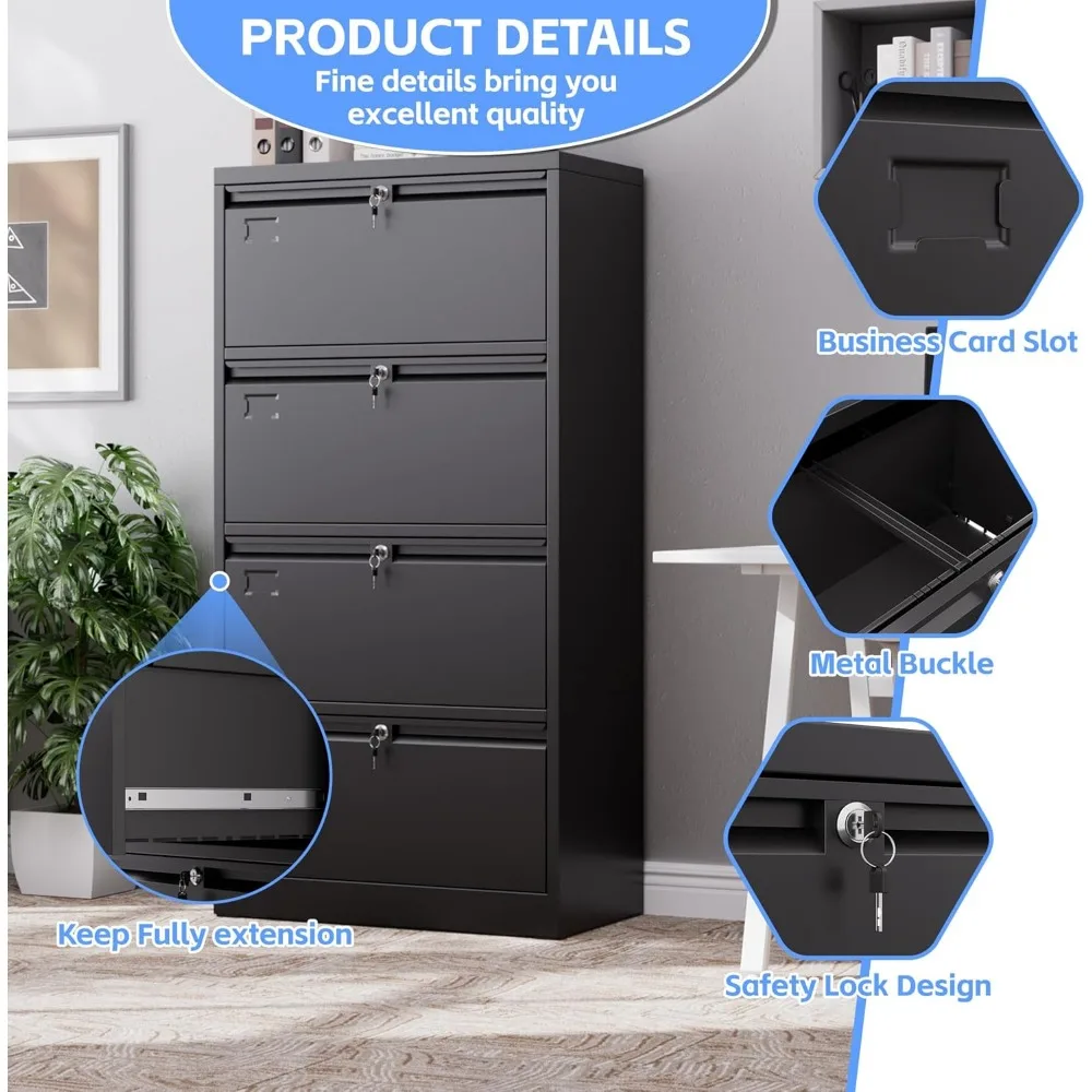 Metal Lateral File Cabinet with Lock, 4-Drawer Wide, Suitable for Home and Office, Letter and Legal Size Filing Cabinet