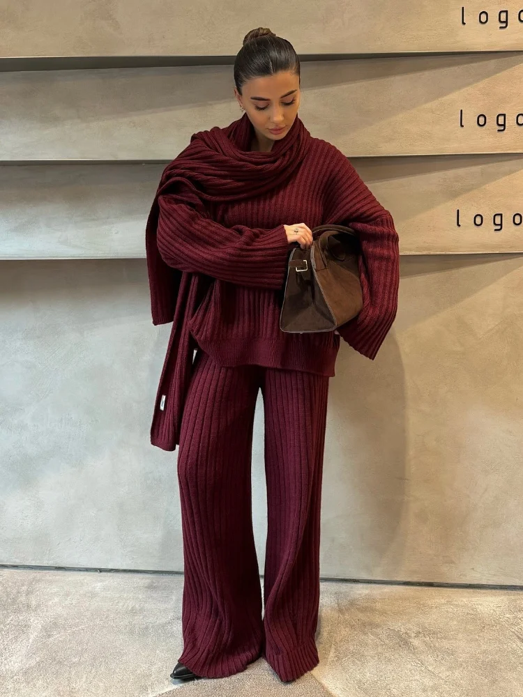 BZVW Casual V-neck Long Sleeves Sweater Elastic High Waist Wide Leg Pants With Scarf Three Piece Set 2025 Spring New Scarf