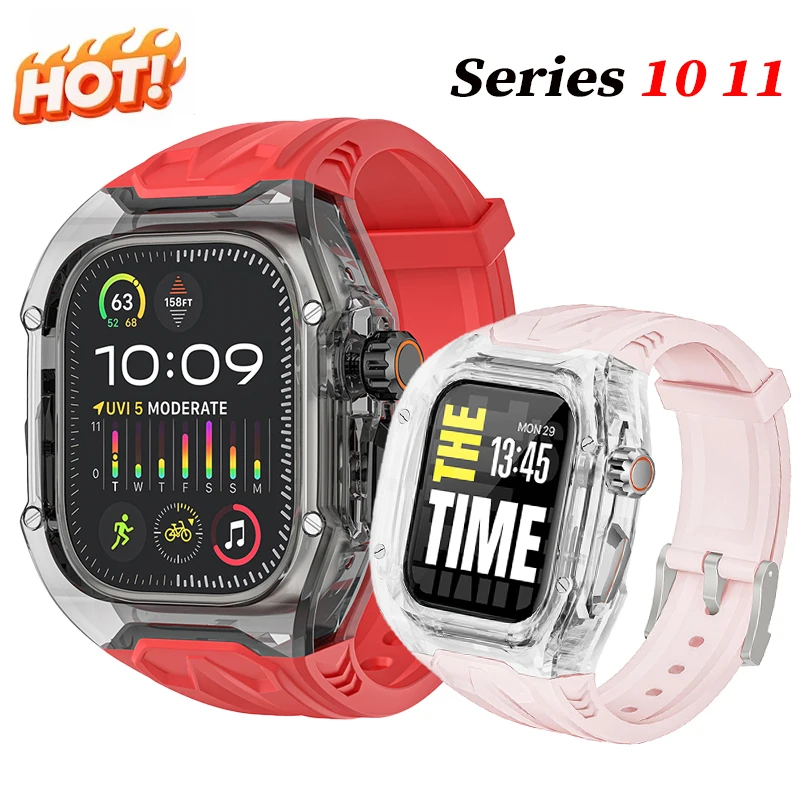 

Прозрачный комплект для модификации Apple Watch 11, 10, 9, 8, 7, 46, 45 мм: ремешок и корпус для IWatch Series 44, 40 мм, 654SE, резиновый ремешок для модификации.