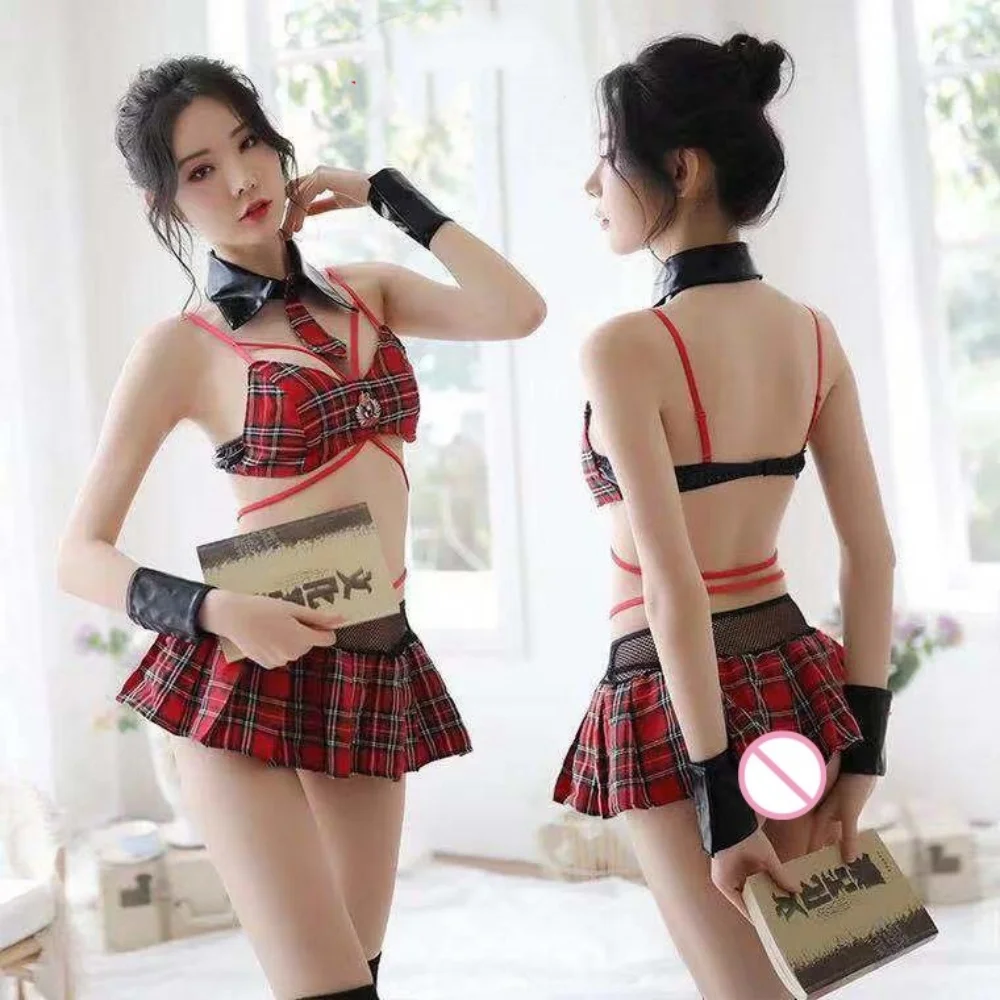 

6 Piece School Girl England Plaid Teacher Bandage Bra With Short Skirt Tie Set Student Cosplay Costume Sexy Uniform Dress