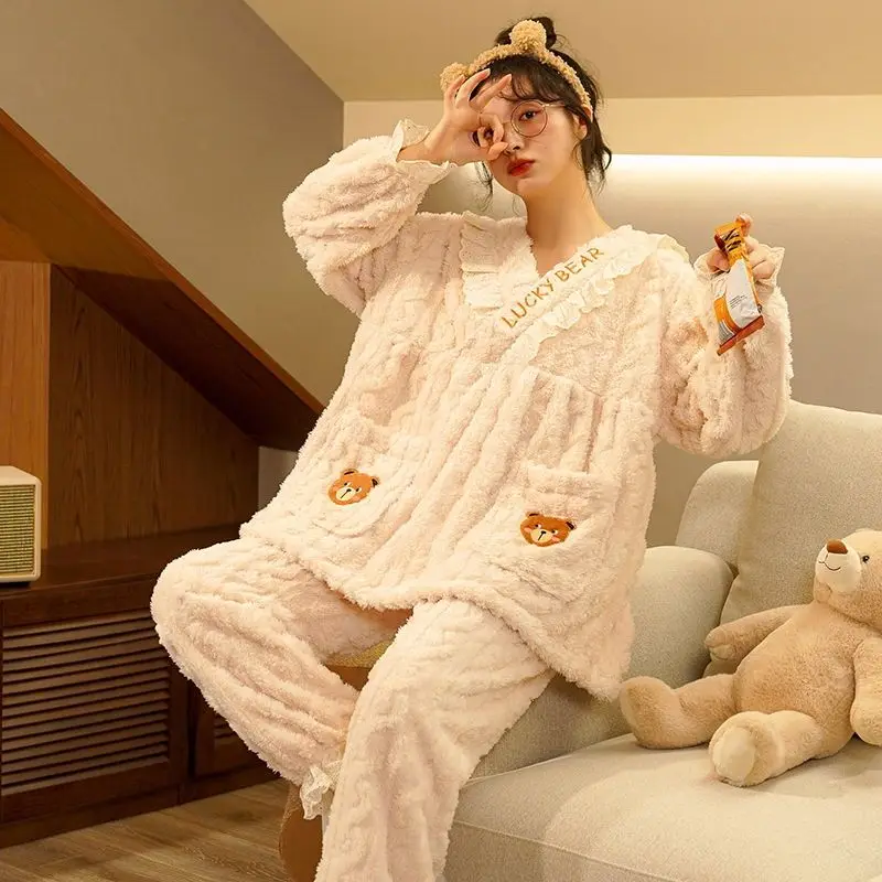 

Sweet Coral Velvet Pajama Sets Two Pieces Long-sleeved Tops Pants Women Winter Cartoon Fleece Thicken Warm Flannel Loungewear