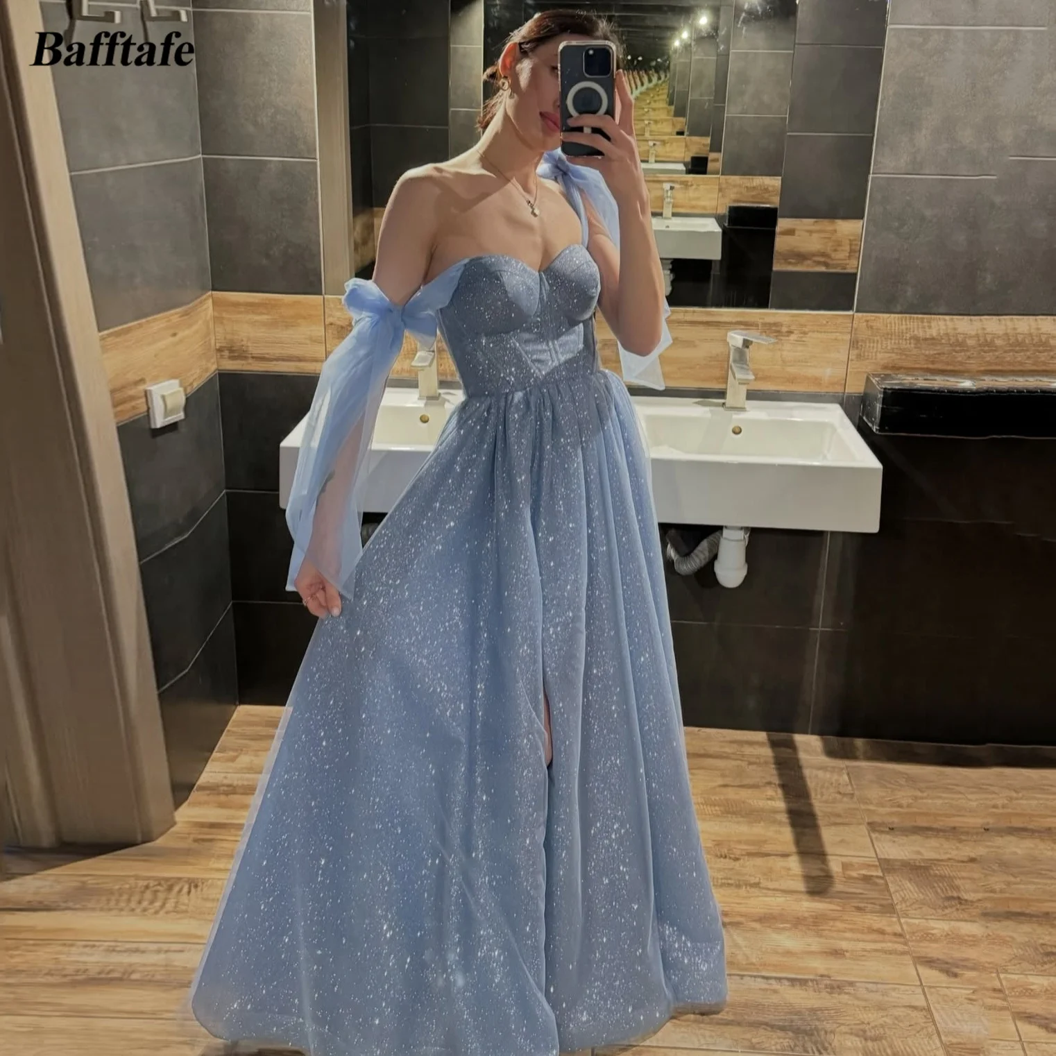 

Bafftafe Shiny Tulle A Line Prom Dresses Corset Back Long Sleeves Formal Party Evening Gowns Wedding Engagement Dress 2025
