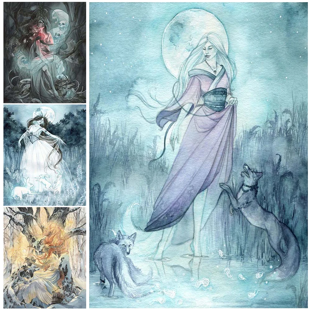 Black Crow Witch And Snow Wolf Ghost Wall Art Canvas Painting Jungle Wandering Soul Poster And Prints Home Decoration Unframed