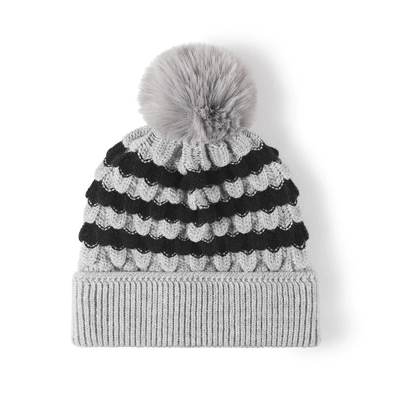 Autumn/Winter Warm Pom-Pom Earflap Wool Hat for Women Fleece Lined Beanie Fashion Color-Blocked Knit Beanie Hat