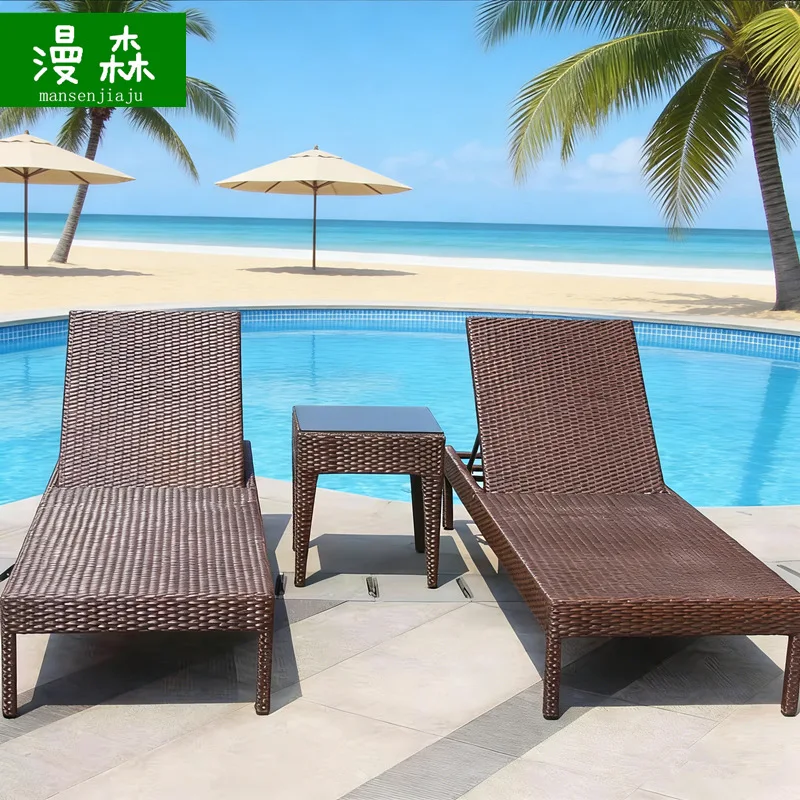 Outdoor Recliner, Beach Chair, Poolside Wicker Lounger, Patio Rattan Daybed, Garden Relaxing Long Chair