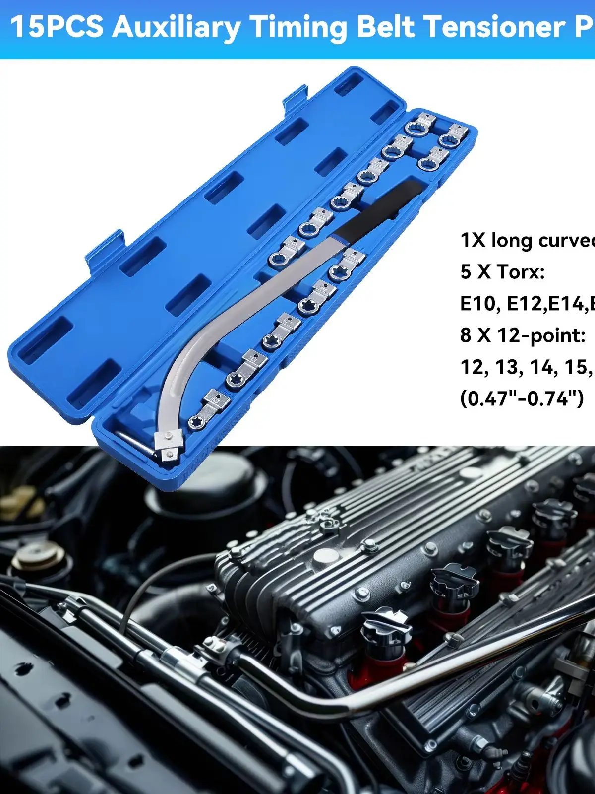 Podofo 15-delige hulp-tandwielspanner set 12mm-19mm E10-E18 12-punts gereedschapskist voor de meeste voertuigtypen - afbeelding 2