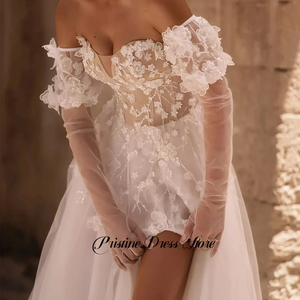 정교한 튤 A라인 사이드 슬릿 웨딩드레스 신부 맞춤형 스위트하트 아플리케 탈부착 가능한 소매 백리스 브라이덜 가운