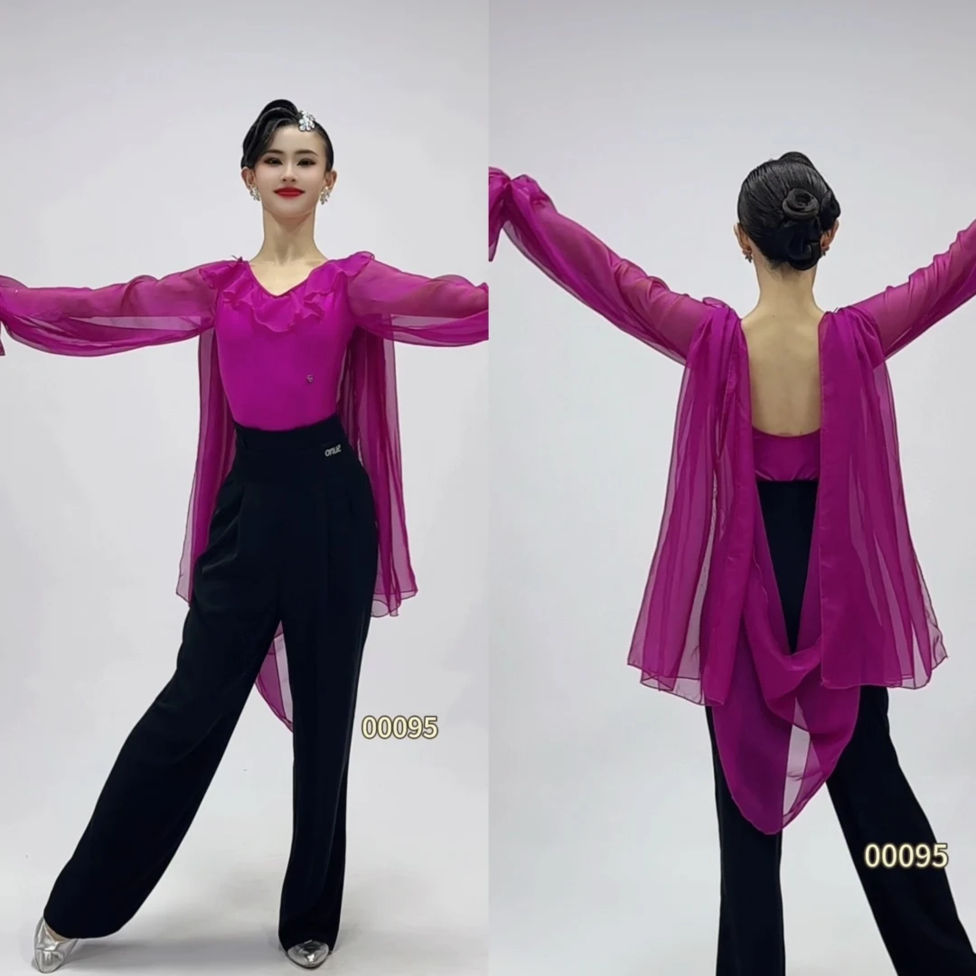 Różowe czerwone topy do tańca towarzyskiego, kostiumy do występów latynoamerykańskich, damskie ubrania do walca, odzież do salsy, topy do ćwiczeń BL16460