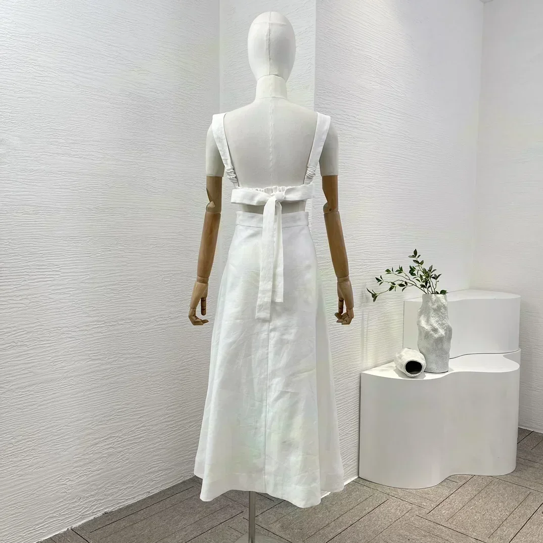 Linen 2024 Women Elegant All-matching Clothing White Sleeveless Self Tie Bow Vest Tops and Flower Sequined Midi Skirt Sets