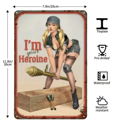 MILITARY METAL TIN SIGN SEXY PIN UP WITH ROCKET 