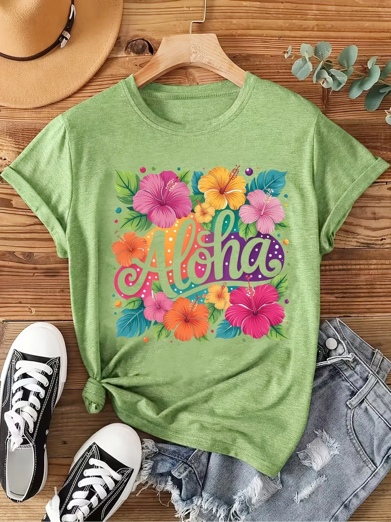 Graphic Tee T-shirt Aloha Tropical Hibiscus Flower Print Short Sleeve Fashion T Shirt Y2k Women Round Neck 90s Tshirt Woman