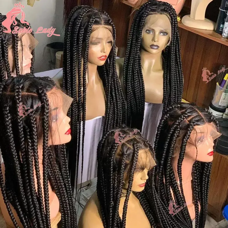 Peruca de tranças sintéticas Jumbo Cornrow para mulheres negras, renda cheia, perucas trançadas, quadrado grande, caixa sem nós, 36 Polegada, peruca dianteira do laço