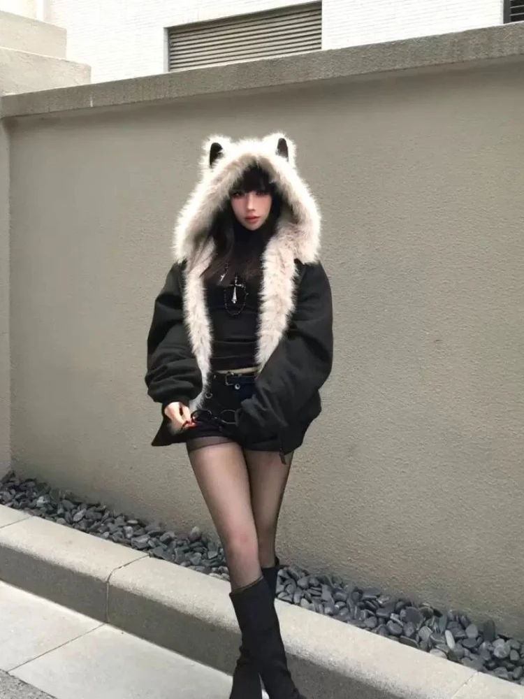 Y2k الأمريكية خمر سترات طويلة الأكمام مقنعين المرأة آذان القط عادية معطف لون نقي فو الفراء طوق الشارع الشهير 2025 الخريف