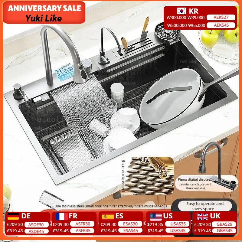 

Кухонная мойка из нержавеющей стали, большая многофункциональная раковина с одним слотом и держателем для ножей, цифровой дисплей, мытье посуды и раковина для овощей