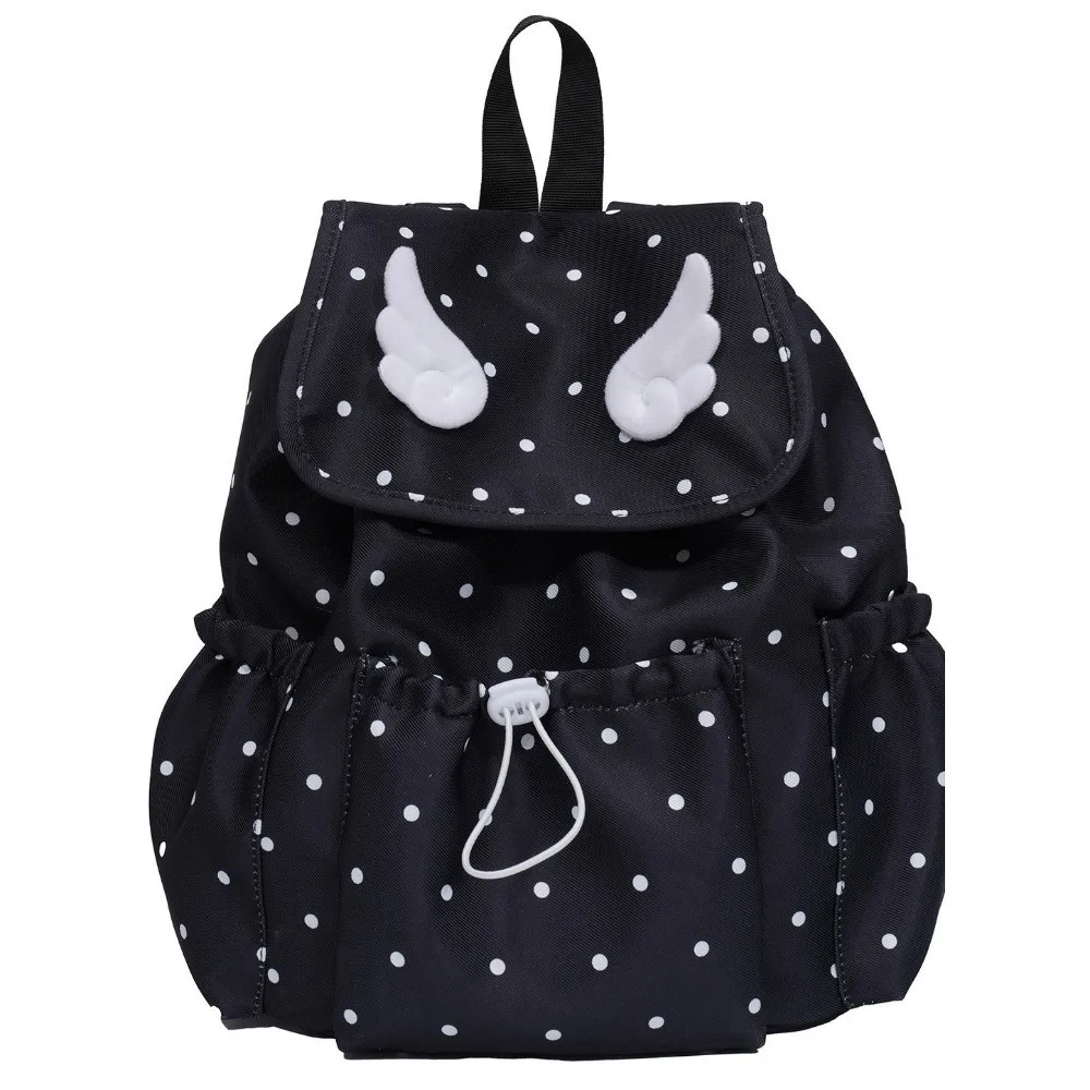 Polka-Dot Print Drawstring Backpack Drawstring Closure Flap Design Bookbag Backpack Angel Wing Decor Casual Style