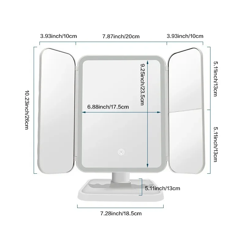 Cermin rias Led Desktop dengan lampu tiga cermin rias, cermin rias pelengkap cerdas dan Rias