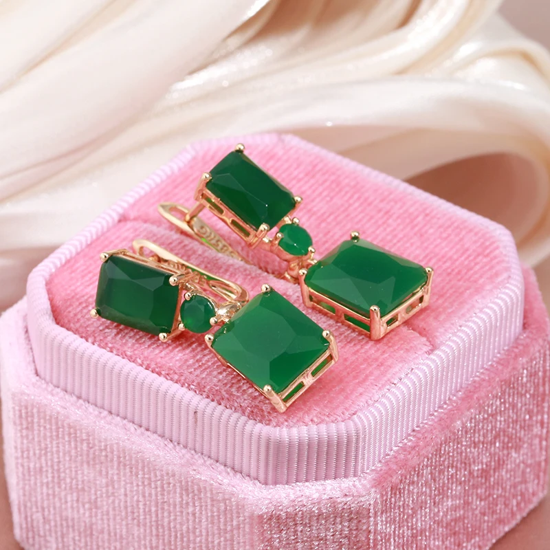 SYOUJYO Square Big Dark Green Natural zircone orecchini pendenti per le donne 585 colore oro rosa Vintage opale etnico Trendy Fine Jewelry