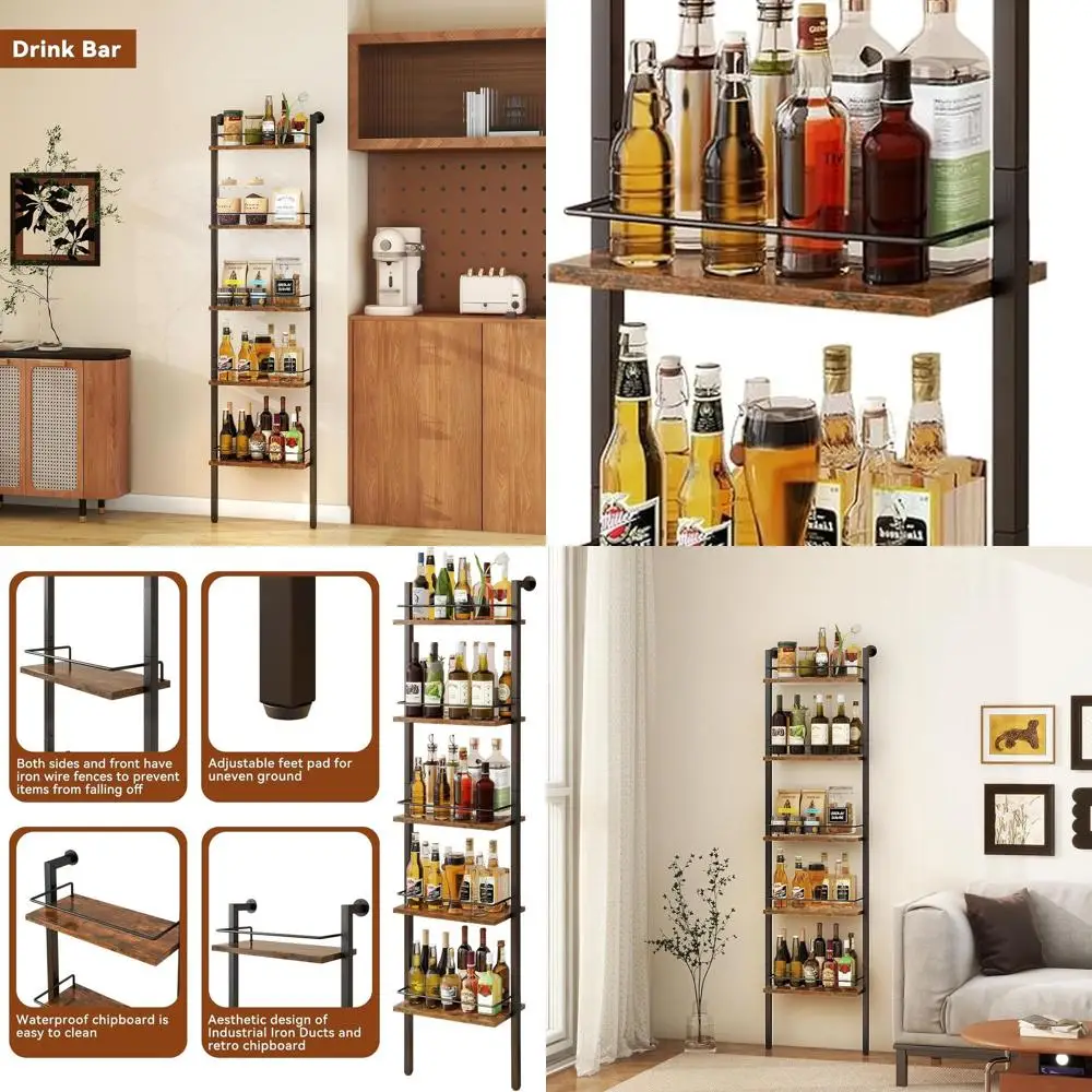 

Винтажная коричневая 5-ярусная настенная винная полка с забором, полка для витрины для бутылок алкоголя, подставка для хранения на кухне и столовой, 16 шт.