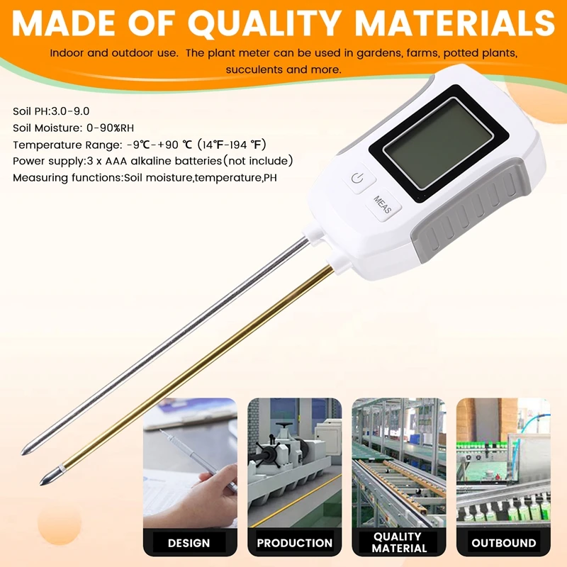 Soil Tester Humidity Monitor Flower Plants Gardening Temp Digital LCD Meter PH Digital LCD Meter Heat-Resistant Metal Sensor