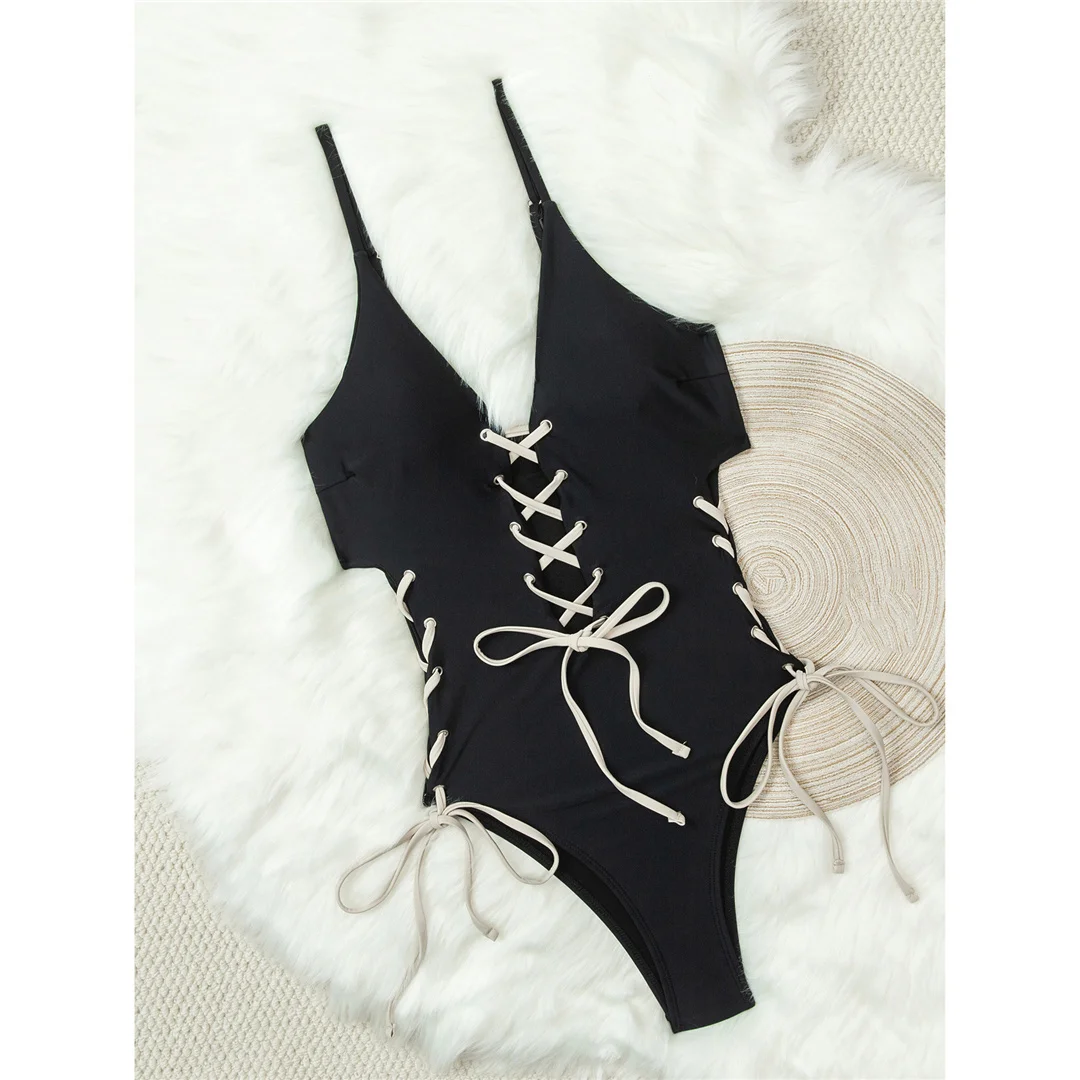 XS - L, tiefes V-Ausschnitt-Design, mit Schnürung, Damen-Badeanzug, einteiliger Badeanzug, Damen-Badeanzug mit hohem Beinausschnitt, Monokini, Badebekleidung, Badeanzug, V7806. – Detail 5