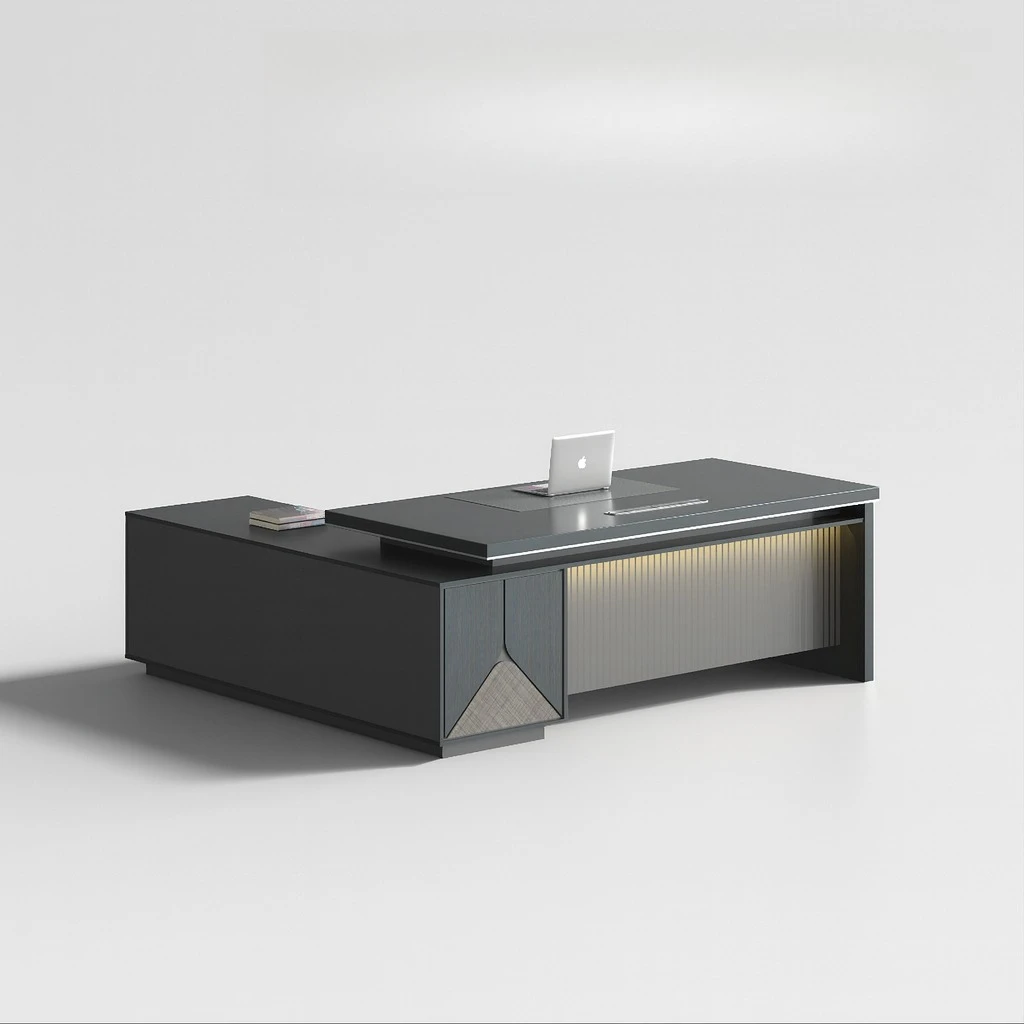 Executive wooden desk with built-in electrical outlet and secure locker