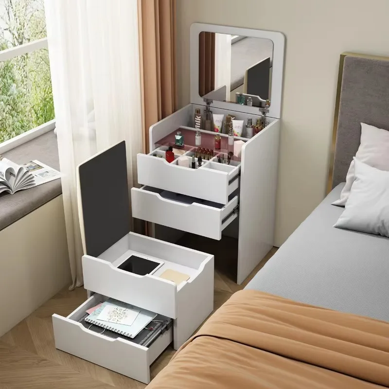 Modern Simple Bedroom Dressing Table Lighted Makeup Vanity Flip-Cover Small Apartment Storage Cabinet Multi-Functional Bedside view 4
