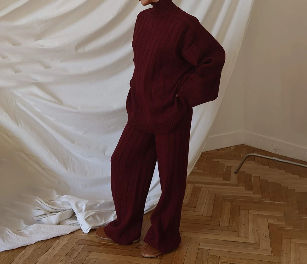High Neck Knitted Suit 2026 Autumn and Winter New Loose Sweater Wide Leg Pants Two-piece Set