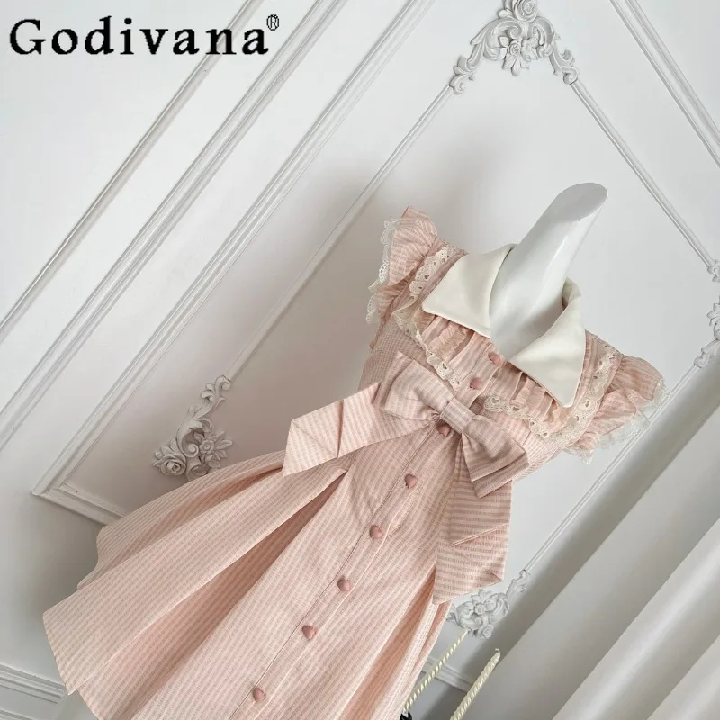 Summer Japanese Sweet Cute Dress Women Large Bow Pink Striped Lolita Dress Female Lapel Flutter Sleeve Single Breasted Dress