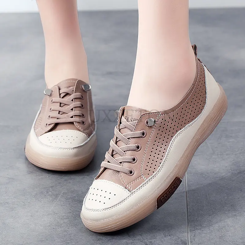 Women Flat Shoes Summer Breathable Cutout Casual Shoes Ladies Soft Bottom Genuine Leather Flats White Shoes Woman