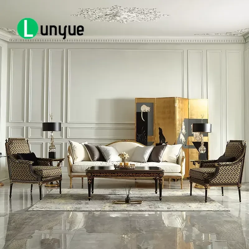 French Retro Solid Wood Sofa Set Classical Luxury Upholstered Lounge Chair For Villa Living Room Furniture