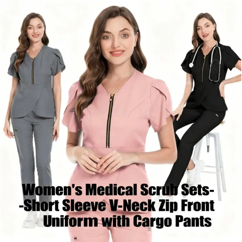 

Women's Fitted Scrubs Set Short Sleeve V-Neck Stretch Uniform Medical Workwear